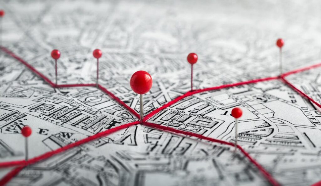 Abbildung einer Karte von Deutschland mit roten Markierungen, die Orte anzeigen