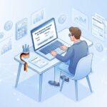 Bild eines Arbeiters, der an einem Schreibtisch vor seinem Computer sitzt und versucht, seine Steuern zu berechnen.