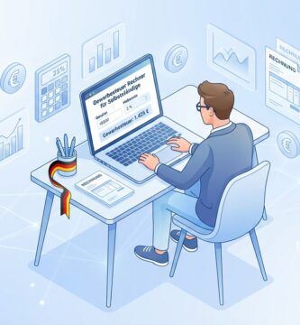 Bild eines Arbeiters, der an einem Schreibtisch vor seinem Computer sitzt und versucht, seine Steuern zu berechnen.