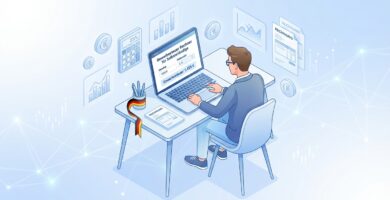 Bild eines Arbeiters, der an einem Schreibtisch vor seinem Computer sitzt und versucht, seine Steuern zu berechnen.