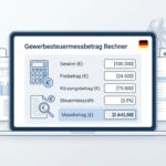 Schwarz-Weiß-Bild eines Bildschirms mit einem Taschenrechner, der den Artikelnamen und verschiedene Beispieldaten und -zahlen anzeigt.