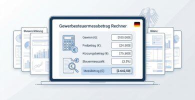 Schwarz-Weiß-Bild eines Bildschirms mit einem Taschenrechner, der den Artikelnamen und verschiedene Beispieldaten und -zahlen anzeigt.