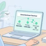 Ein Mann sitzt an einem Schreibtisch und schaut auf sein Handy. Auf dem Bildschirm werden das Thema des Artikels, Symbole und Zahlen angezeigt. Das Bild hat einen cartoonhaften Stil, vermittelt aber einen ernsten Unterton.