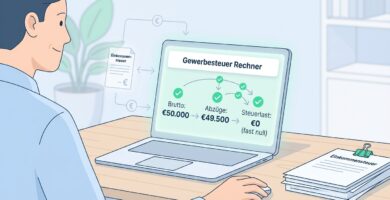 Ein Mann sitzt an einem Schreibtisch und schaut auf sein Handy. Auf dem Bildschirm werden das Thema des Artikels, Symbole und Zahlen angezeigt. Das Bild hat einen cartoonhaften Stil, vermittelt aber einen ernsten Unterton.