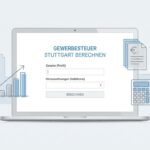 Abbildung mit einer einfachen, handgezeichneten Darstellung eines Computers mit dem Namen des Werkzeugs auf dem Bildschirm, einzugebenden Daten und Dokumentenzeichnungen und -figuren drumherum.