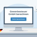 Abbildung eines Computerbildschirms mit dem Artikeltitel in der Mitte und einer Schaltfläche zum Starten eines Taschenrechners. Der Hintergrund ist weiß und blau.