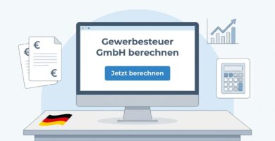 Abbildung eines Computerbildschirms mit dem Artikeltitel in der Mitte und einer Schaltfläche zum Starten eines Taschenrechners. Der Hintergrund ist weiß und blau.