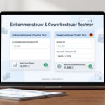 Bild eines Tablet-Bildschirms mit dem Artikelnamen und einem Taschenrechner im minimalistischen Stil