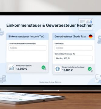 Bild eines Tablet-Bildschirms mit dem Artikelnamen und einem Taschenrechner im minimalistischen Stil