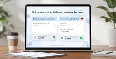 Bild eines Tablet-Bildschirms mit dem Artikelnamen und einem Taschenrechner im minimalistischen Stil