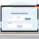 Bild eines Tablets mit einem Steuerrechner auf dem Bildschirm in einem einfachen Design in Blau und Weiß