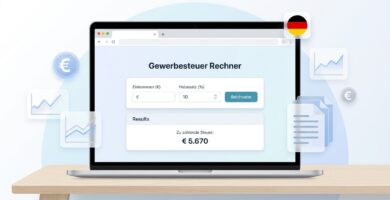 Bild eines Tablets mit einem Steuerrechner auf dem Bildschirm in einem einfachen Design in Blau und Weiß