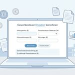 Abbildung eines Laptops auf einem Schreibtisch mit einem Steuersimulationstool, das zum Thema des Artikels passt; die Abbildung hat einen einfachen schwarz-blauen Zeichenstil.