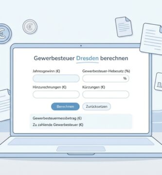 Abbildung eines Laptops auf einem Schreibtisch mit einem Steuersimulationstool, das zum Thema des Artikels passt; die Abbildung hat einen einfachen schwarz-blauen Zeichenstil.