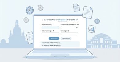 Abbildung eines Laptops auf einem Schreibtisch mit einem Steuersimulationstool, das zum Thema des Artikels passt; die Abbildung hat einen einfachen schwarz-blauen Zeichenstil.
