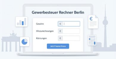 Abbildung eines Bildschirms mit Artikelbezeichnung und Steuerrechner-Tool in schlichtem 2-Farben-Design