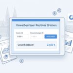 Abbildung eines Dokuments mit dem Titel des Artikels in der Mitte, Daten und Optionen zur Simulation der Berechnung sowie Abbildungen von Regierungsinstitutionen und Zahlen und Daten im Umfeld.