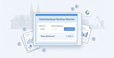 Abbildung eines Dokuments mit dem Titel des Artikels in der Mitte, Daten und Optionen zur Simulation der Berechnung sowie Abbildungen von Regierungsinstitutionen und Zahlen und Daten im Umfeld.