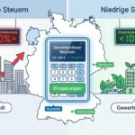 Abbildung eines Taschenrechners in der Mitte mit Zahlen und Daten für zwei Gemeinden, im Hintergrund eine Karte von Deutschland. Die Abbildung ist minimalistisch gestaltet.