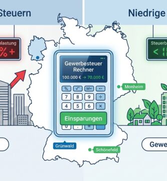 Abbildung eines Taschenrechners in der Mitte mit Zahlen und Daten für zwei Gemeinden, im Hintergrund eine Karte von Deutschland. Die Abbildung ist minimalistisch gestaltet.