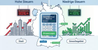 Abbildung eines Taschenrechners in der Mitte mit Zahlen und Daten für zwei Gemeinden, im Hintergrund eine Karte von Deutschland. Die Abbildung ist minimalistisch gestaltet.