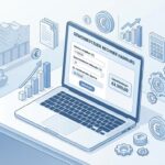 Einfaches und minimalistisches Bild eines geöffneten Laptops auf einem Schreibtisch mit dem Artikeltitel auf dem Bildschirm und einem Tool zur Berechnung von Zahlen und Daten.