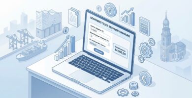 Einfaches und minimalistisches Bild eines geöffneten Laptops auf einem Schreibtisch mit dem Artikeltitel auf dem Bildschirm und einem Tool zur Berechnung von Zahlen und Daten.